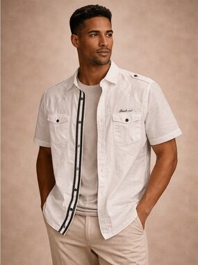 Blanc du Nil Premium White Button-Up Shirt with Black Trim Linen Blend Size L